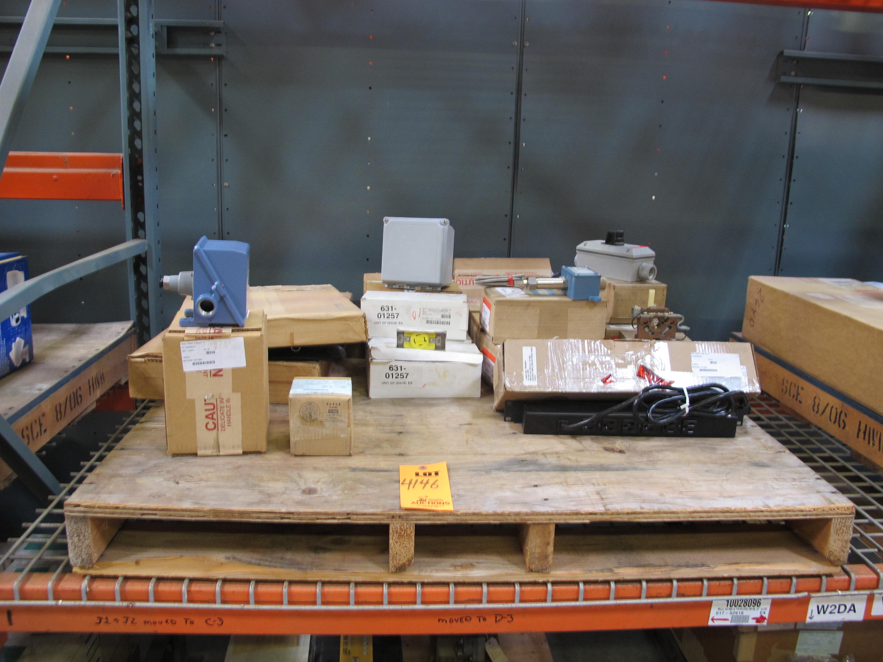 LOT TO INCLUDE: (30) RECEPTACLES, ELECTRICAL TYPE, 4 WIRE, 250V 20A 3 PHASE ELEC RATING, NEMA L15-20R PLUG, WIRING DEVICE KIND. SINGLE, BLACK PHENOLIC, (1) SWITCH, PRESSURE TYPE, 15A ELEC RATING, 0-200 PSI RANGE, 1 SNAP ACTION, 1/4" CONNECTION. 250 PSI PROOF PRESSURE, 1.5-5 PSI DEADBAND, (1) CAPACITOR, ELECTROLYTIC TYPE, 18,000 UFD CAPACITANCE, 25 WVDC VOLTAGE, ALUMINUM MATERIAL, +/- 20% TOLERANCE, 1.375" X 2.625" SIZE, SCREW TERMINAL CONNECTION, (4) STATIONS, SWITCH TYPE, SELECTOR KIND. ON-OFF-ON, (2) CIRCUIT, 20A, 480V, NEMA 4 ENCLOSURE, 3/4" HUBS. LOADING & HANDLING FEE $15-4146